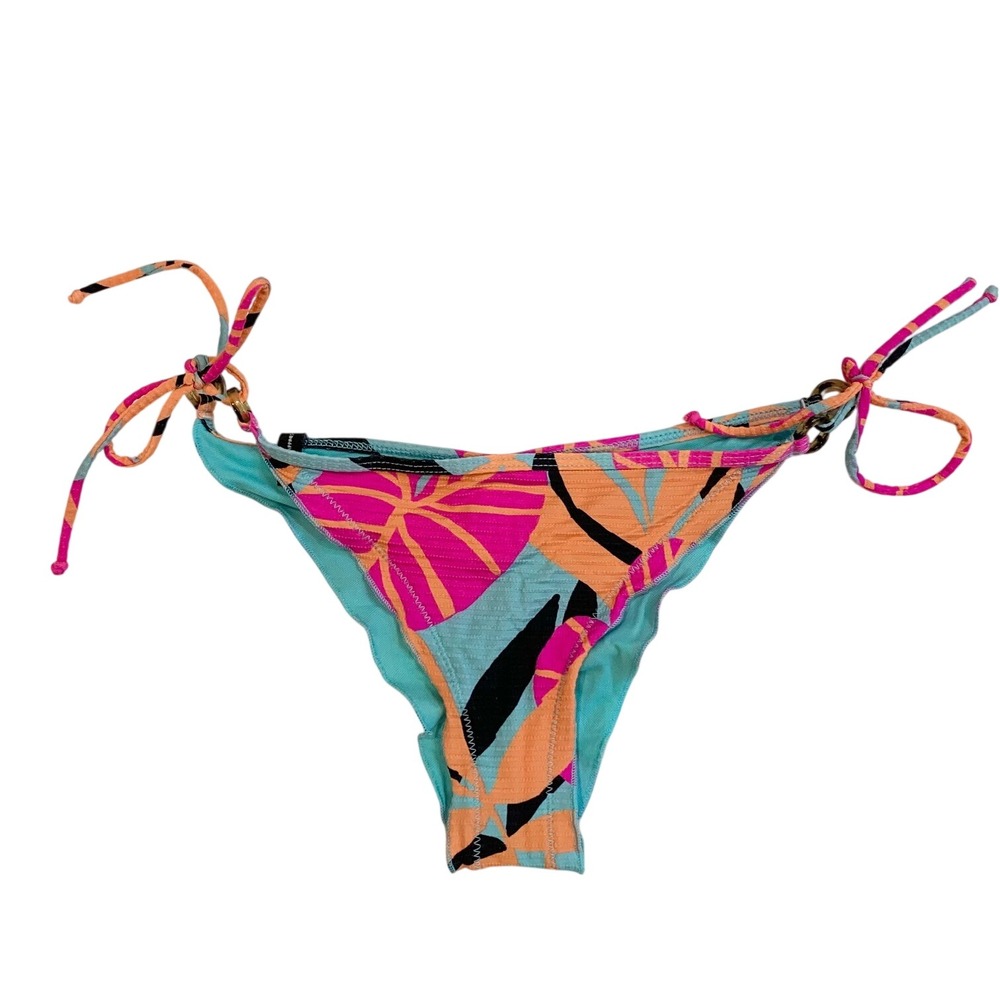 Body Glove Tropical Leaf Side Tie Ruched Back Bikini Bottoms Small Pink Blue